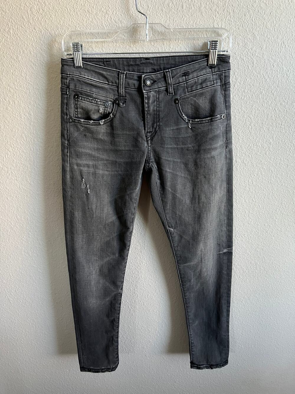 R13 Boy Skinny Low Rise Distressed Jeans Women's 25 Gray Orion Wash Trashed